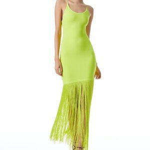 NWT Alice + Olivia Steph Scoop Neck Fringe Neon Yellow Dress